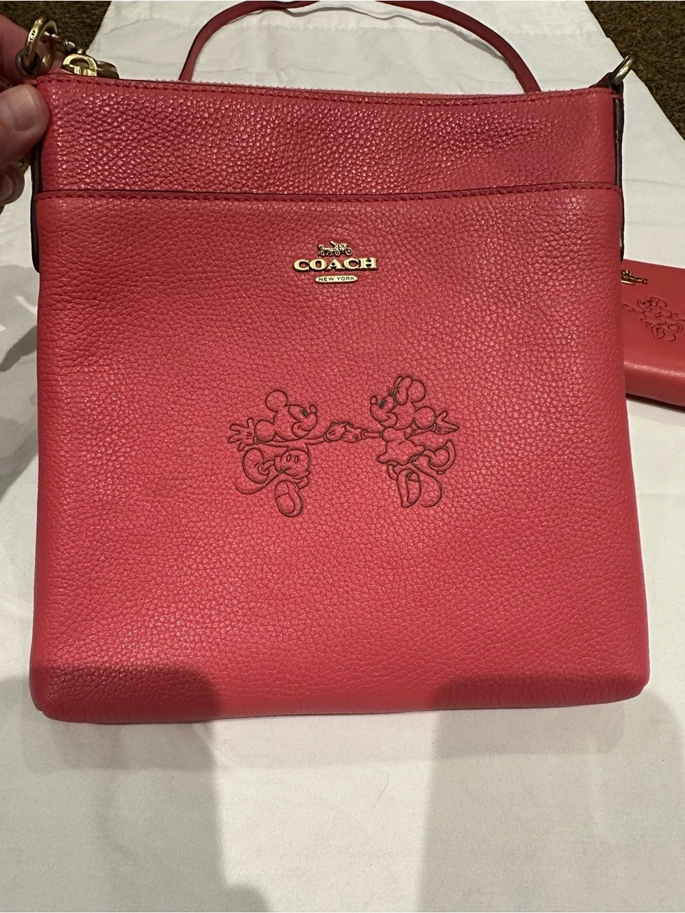 Coach Pink Mickey and Minnie  Leather Crossbody Bag and matching wallet.  New.
